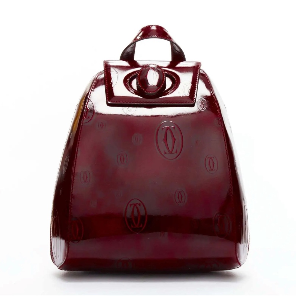 CARTIER HAPPYBIRTHDAY RED BACKPACK PATENT LEATHER BORDEAUX LOGO EMBOSSED LEATHER